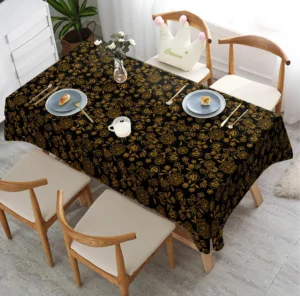 Elegant Gold Floral on Black Tablecloth