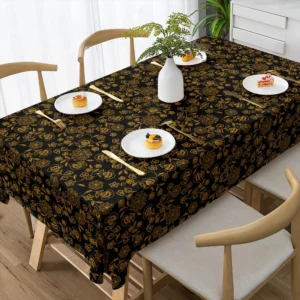 Elegant Gold Floral on Black Tablecloth