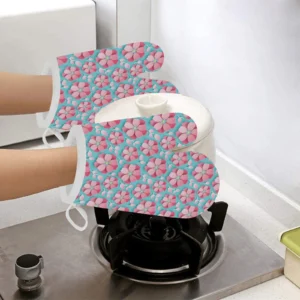3D Sakura Cherry Blossom Pattern Heat Resistant Oven Mitts Pot Holders Set