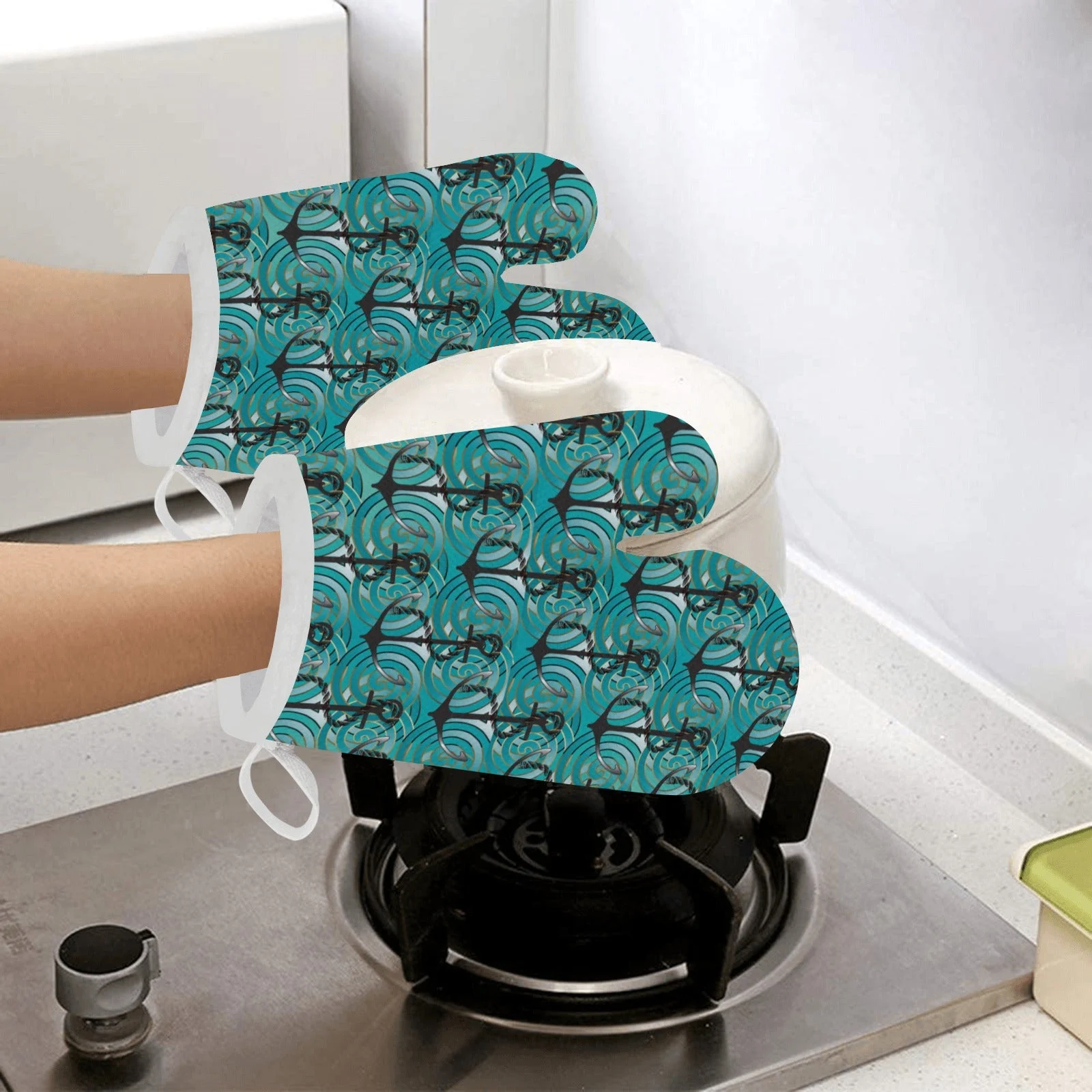 Anchor Nautical Green Background Heat Resistant Oven Mitts Pot Holders Set Anchor Nautical Green Background Heat Resistant Oven Mitts Pot Holders Set