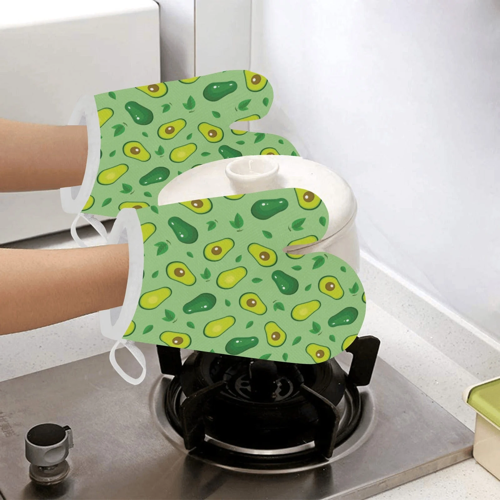 Avocado Pattern Green Background Heat Resistant Oven Mitts Pot Holders Set Avocado Pattern Green Background Heat Resistant Oven Mitts Pot Holders Set