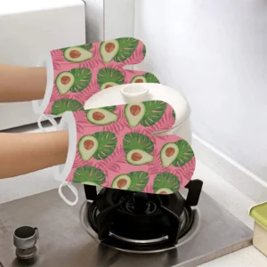Avocado Slices Leaves Pink Background Heat Resistant Oven Mitts Pot Holders Set