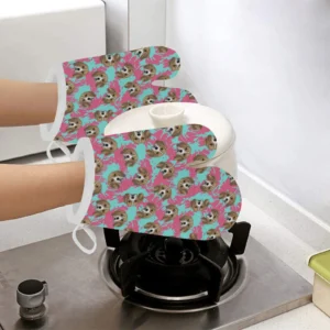 Beagle Muzzles Turquoise Paint Splashes Pink Pattern Heat Resistant Oven Mitts Pot Holders Set