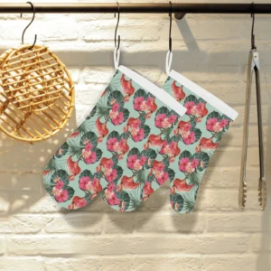 Beautiful Flamingo Tropical Palm Leaves Hibiscus Heat Resistant Oven Mitts Pot Holders Set