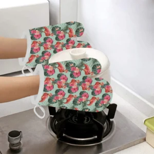 Beautiful Flamingo Tropical Palm Leaves Hibiscus Heat Resistant Oven Mitts Pot Holders Set