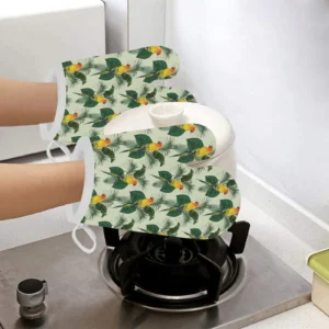 Beautiful Parrot Palm Leaves Pattern Heat Resistant Oven Mitts Pot Holders Set