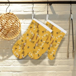 Bee Flower Pattern Heat Resistant Oven Mitts Pot Holders Set