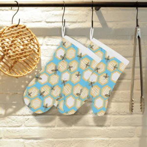 Bee Honeycomb Pattern Heat Resistant Oven Mitts Pot Holders Set