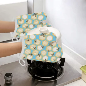 Bee Honeycomb Pattern Heat Resistant Oven Mitts Pot Holders Set