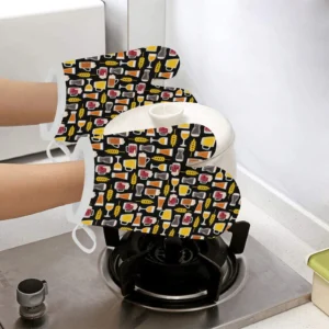 Beer Type Pattern Heat Resistant Oven Mitts Pot Holders Set