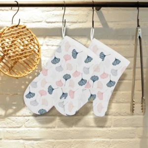Black Gray Cream Coral Ginkgo Leaves Pattern Heat Resistant Oven Mitts Pot Holders Set