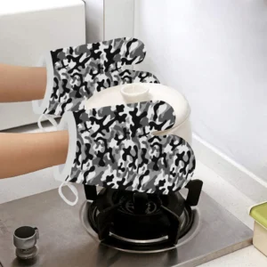 Black White Camouflage Pattern Heat Resistant Oven Mitts Pot Holders Set