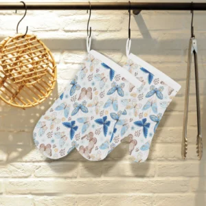 Blue Butterfly Pattern Heat Resistant Oven Mitts Pot Holders Set