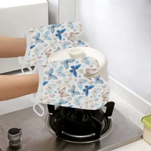 Blue Butterfly Pattern Heat Resistant Oven Mitts Pot Holders Set