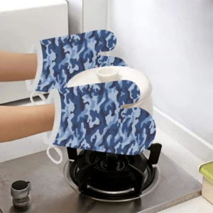 Blue Camouflage Pattern Heat Resistant Oven Mitts Pot Holders Set