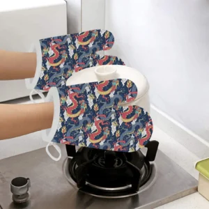 Blue Red Dragon Cloud Pattern Heat Resistant Oven Mitts Pot Holders Set