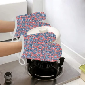 Blue Red Eiffel Tower Pattern Print Design 02 Heat Resistant Oven Mitts & Pot Holders Set