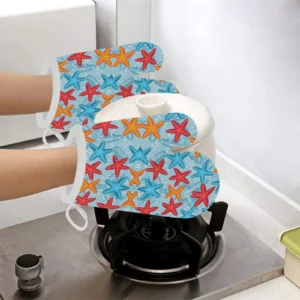 Blue Red Orange Starfish Pattern Heat Resistant Oven Mitts Pot Holders Set