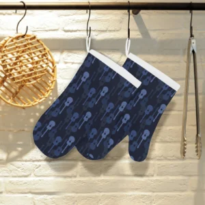 Blue Theme Guitar Pattern Heat Resistant Oven Mitts Pot Holders Set