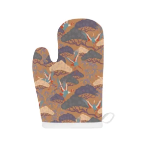 Bonsai Bamboo Stork Japanese Pattern Brown Theme Heat Resistant Oven Mitts Pot Holders Set
