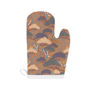 Bonsai Bamboo Stork Japanese Pattern Brown Theme Heat Resistant Oven Mitts Pot Holders Set