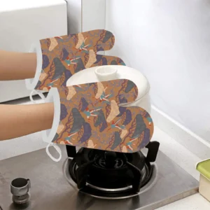 Bonsai Bamboo Stork Japanese Pattern Brown Theme Heat Resistant Oven Mitts Pot Holders Set