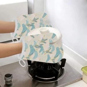 Bonsai Bamboo Stork Japanese Pattern Cream Theme Heat Resistant Oven Mitts Pot Holders Set