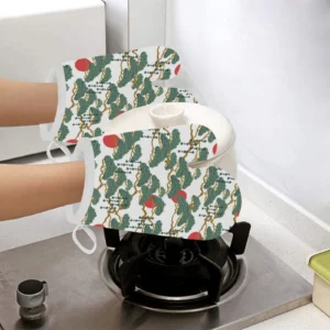 Bonsai Red Sun Japanese Pattern Heat Resistant Oven Mitts Pot Holders Set