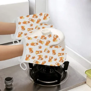 Brown Pomeranian Pattern Heat Resistant Oven Mitts Pot Holders Set