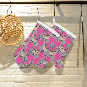 Chameleon Lizard Pattern Pink Background Heat Resistant Oven Mitts Pot Holders Set