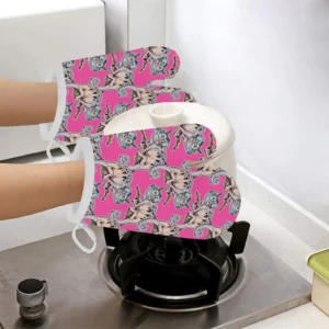 Chameleon Lizard Pattern Pink Background Heat Resistant Oven Mitts Pot Holders Set