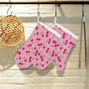 Cherry Flower Pattern Pink Background Heat Resistant Oven Mitts Pot Holders Set
