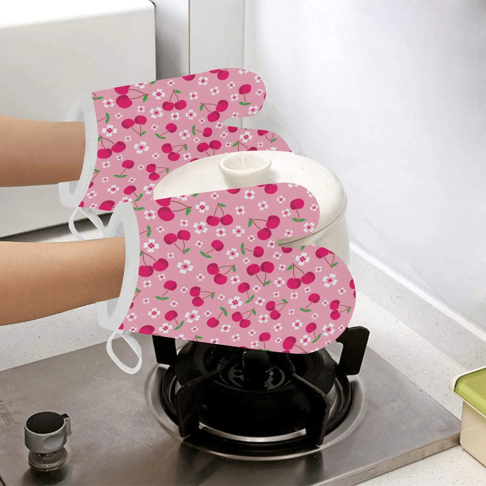 Cherry Flower Pattern Pink Background Heat Resistant Oven Mitts Pot Holders Set Cherry Flower Pattern Pink Background Heat Resistant Oven Mitts Pot Holders Set