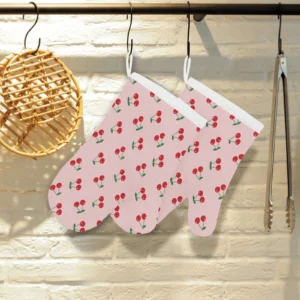 Cherry Pattern Pink Background Heat Resistant Oven Mitts Pot Holders Set