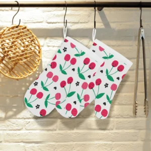 Cherry Pattern White Background Heat Resistant Oven Mitts Pot Holders Set