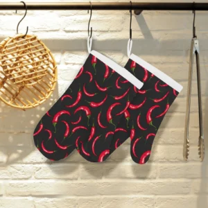 Chili Peppers Pattern Black Background Heat Resistant Oven Mitts Pot Holders Set
