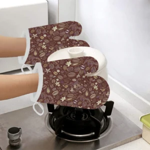 Coffee Bean Flower Pattern Heat Resistant Oven Mitts Pot Holders Set