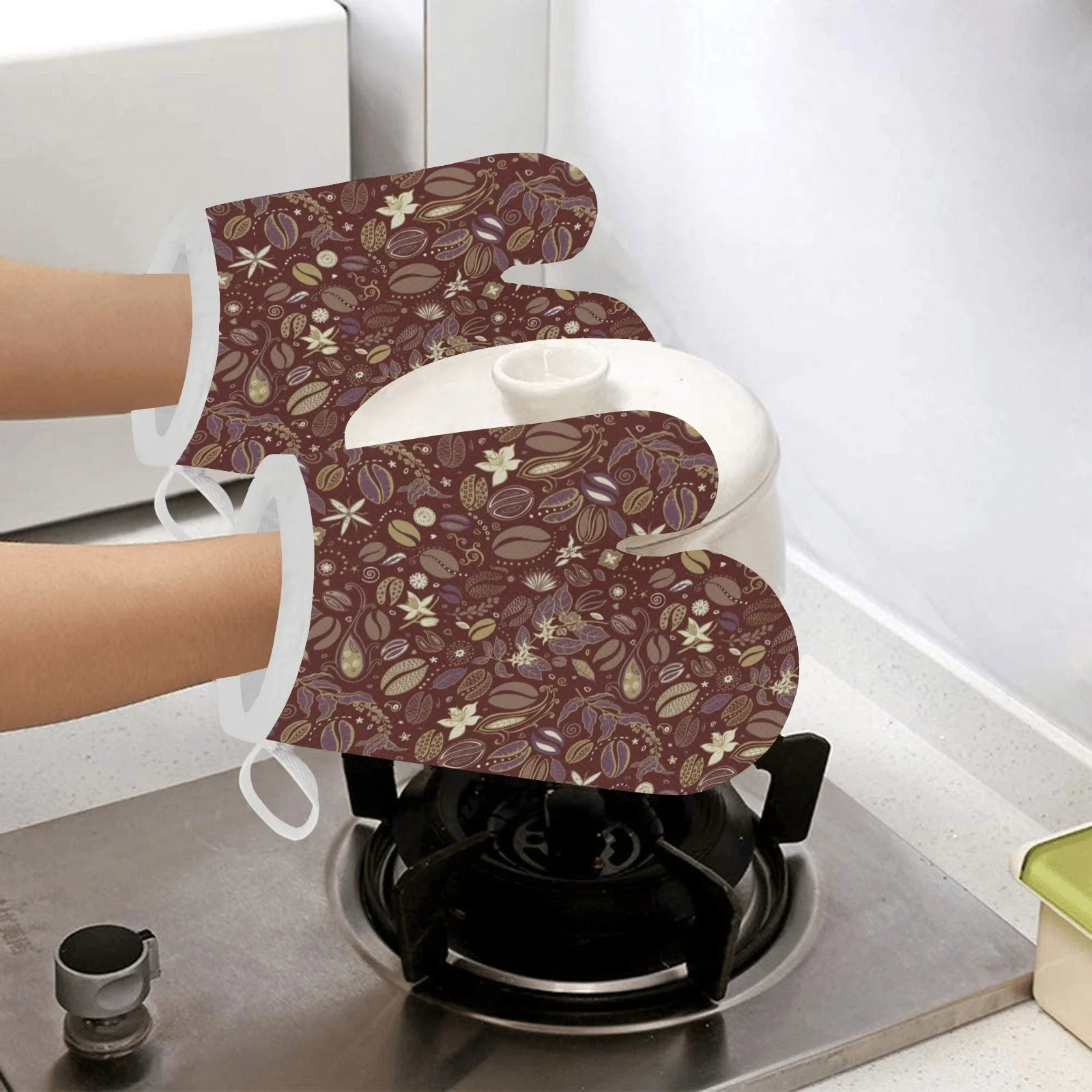 Coffee Bean Flower Pattern Heat Resistant Oven Mitts Pot Holders Set Coffee Bean Flower Pattern Heat Resistant Oven Mitts Pot Holders Set