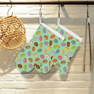Colorful Donut Pattern Green Background Heat Resistant Oven Mitts Pot Holders Set