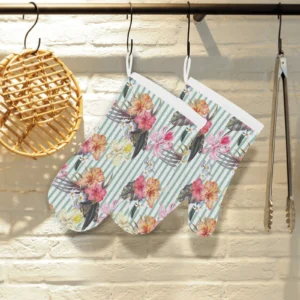 Colorful Orchid Flower Pattern Heat Resistant Oven Mitts Pot Holders Set