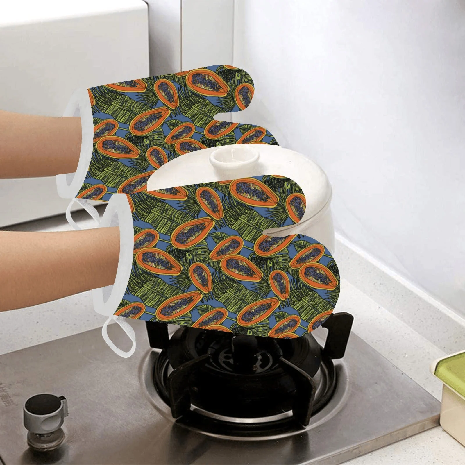 Colorful Papaya Tropical Leaves Heat Resistant Oven Mitts Pot Holders Set Colorful Papaya Tropical Leaves Heat Resistant Oven Mitts Pot Holders Set