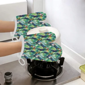 Colorful Parrot Exotic Flower Leaves Heat Resistant Oven Mitts Pot Holders Set