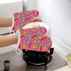 Colorful Wrapped Candy Pattern Heat Resistant Oven Mitts Pot Holders Set