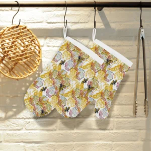 Cool Bee Honeycomb Leaves Pattern Heat Resistant Oven Mitts Pot Holders Set