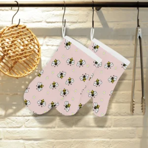 Cute Bee Flower Pattern Pink Background Heat Resistant Oven Mitts Pot Holders Set