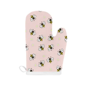 Cute Bee Flower Pattern Pink Background Heat Resistant Oven Mitts Pot Holders Set