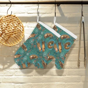 Cute Brown Sea Otters Ornamental Seaweed Corals Heat Resistant Oven Mitts Pot Holders Set