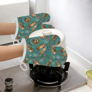 Cute Brown Sea Otters Ornamental Seaweed Corals Heat Resistant Oven Mitts Pot Holders Set