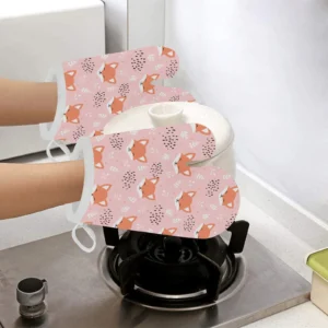 Cute Fox Pattern Pink Background Heat Resistant Oven Mitts Pot Holders Set