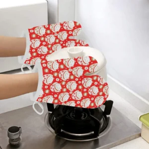 Cute Maneki Neko Cat Red Background Heat Resistant Oven Mitts Pot Holders Set